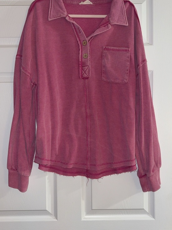 New in Tops - Women’s Pink Long-Sleeve Waffle-Knit Henley Top